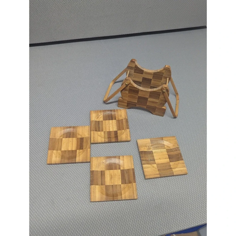 VTG Bamboo Checkerboard Coaster Set w/ Caddy Holder 5 Piece Natural Wood Parquet